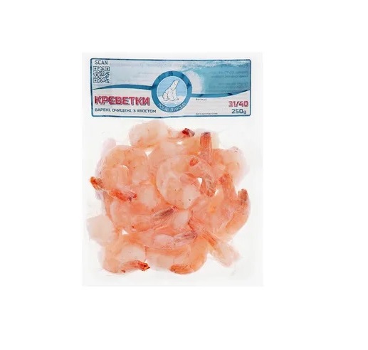 Креветка Ваннамей 31-40 Чищена з хвостом Варено-морожені В/у  250г "Polar Seafood" (10860)
